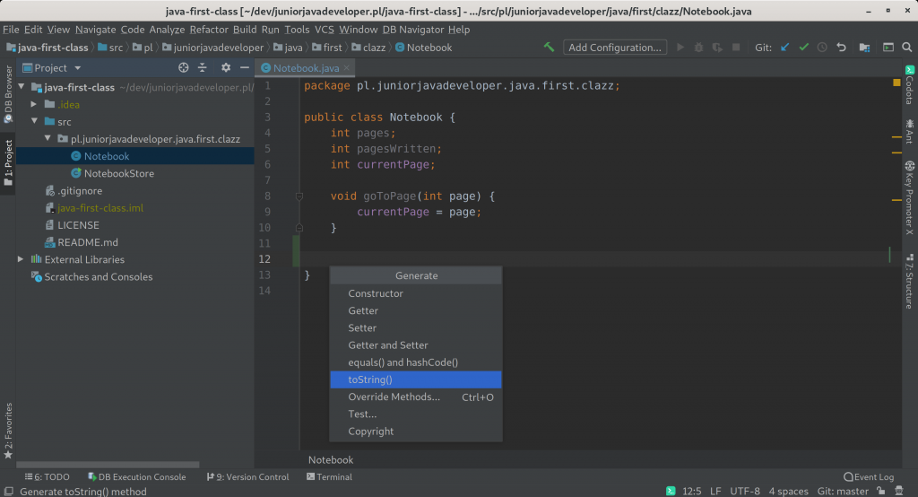 Wartości w pierwszej klasie - toString() - ALT + Insert