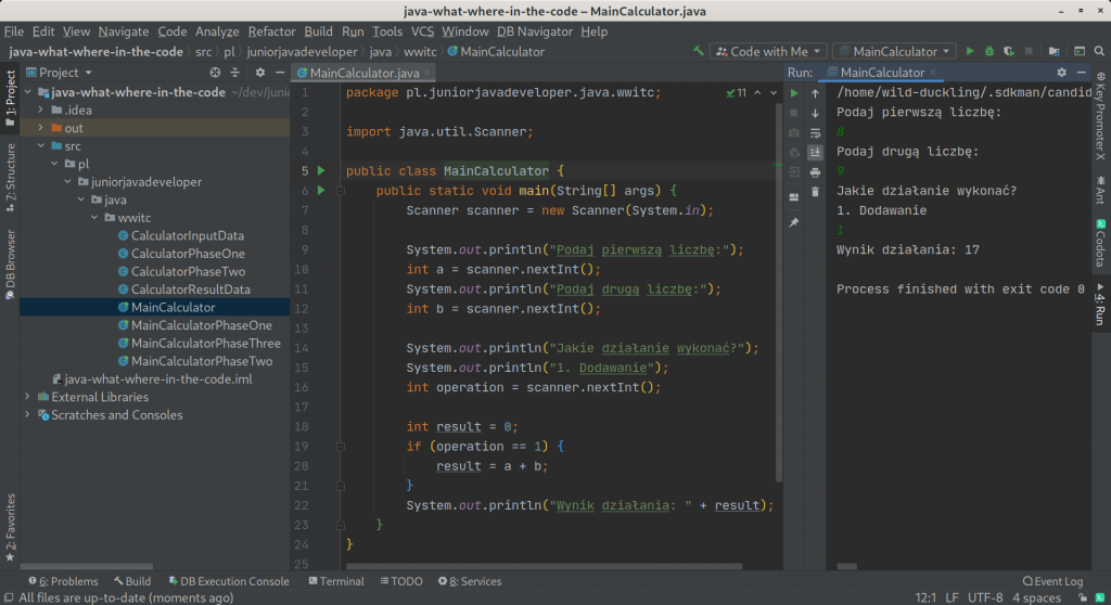 Wynik dzia&Aring;ania CalculatorMain - pu&Aring;apka metody main()