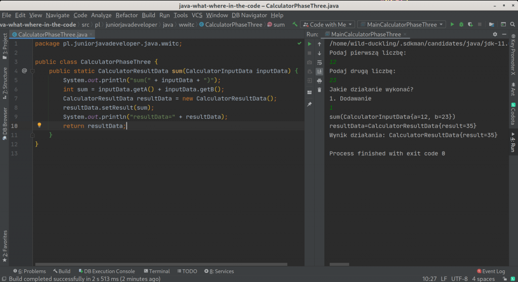 Wynik dzia&Aring;ania CalculatorPhaseThree - wypisywanie, logowanie wej&Aring;cia i wyj&Aring;cia dla metody publicznej