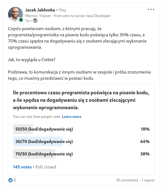 Ile procentowo czasu programista poświęca na pisanie kodu, a ile spędza na dogadywaniu się z osobami zlecającymi wykonanie oprogramowania? - Om&oacute;wienie wynik&oacute;w ankiety - Mentor Junior Java Developer