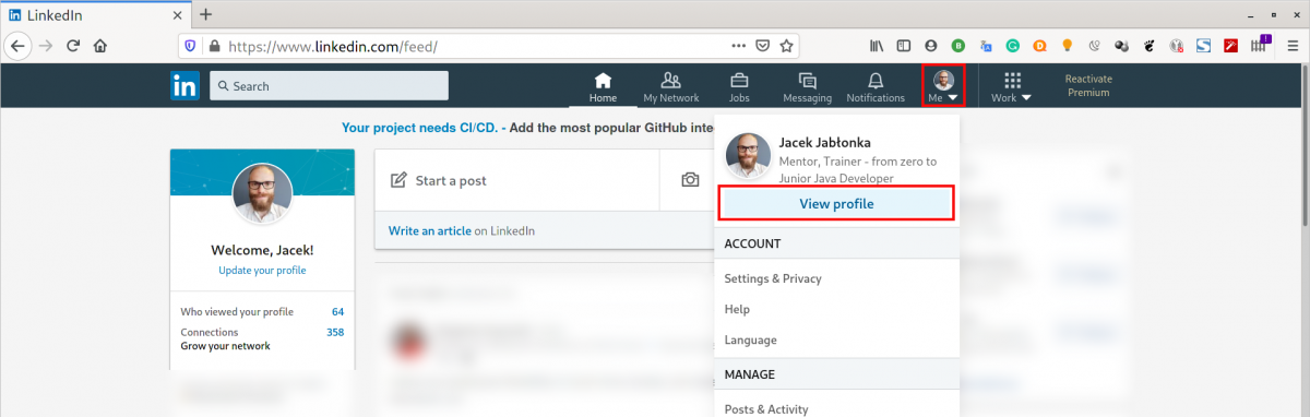 Wybierz ikonkę profilu oraz wyświetl profil - LinkedIn URL profilu