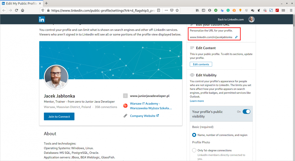Wybierz ikonkę edycji - LinkedIn URL profilu