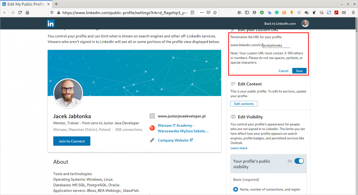Wpisz nową nazwę i zapisz - LinkedIn URL profilu