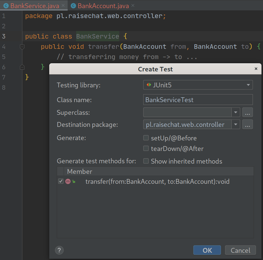 Wyb&oacute;r biblioteki do test&oacute;w i metod do testowania - IntelliJ