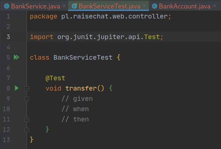 Wygenerowany, utworzony test - IntelliJ