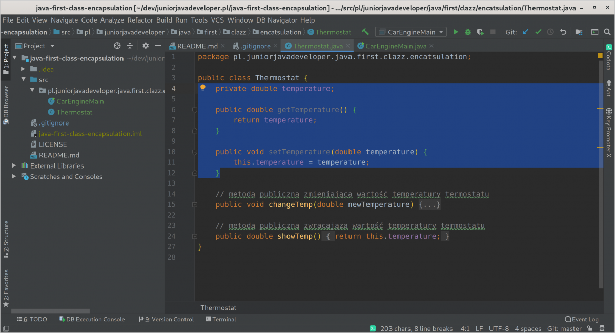 Ukrywamy, hermetyzujemy nasz kod w klasie &ndash; get/set z ALT + Insert - wygenerowane getter/setter