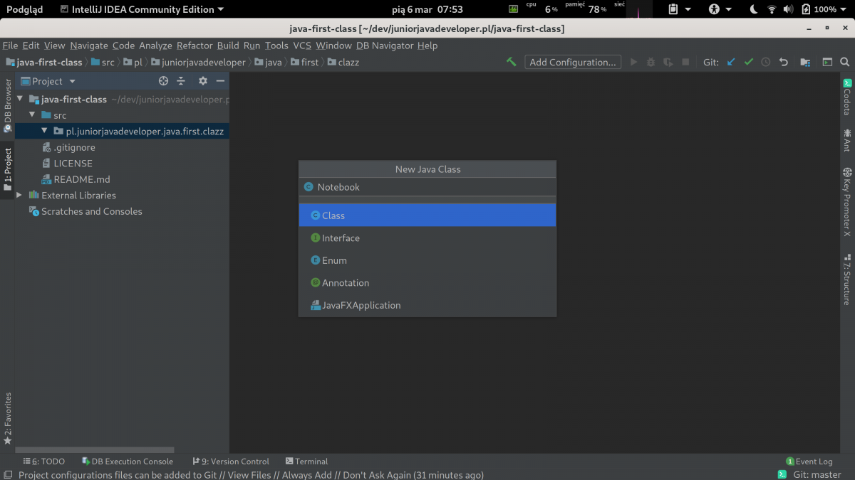 Pierwsza klasa - kod Java, IntelliJ, krok po kroku