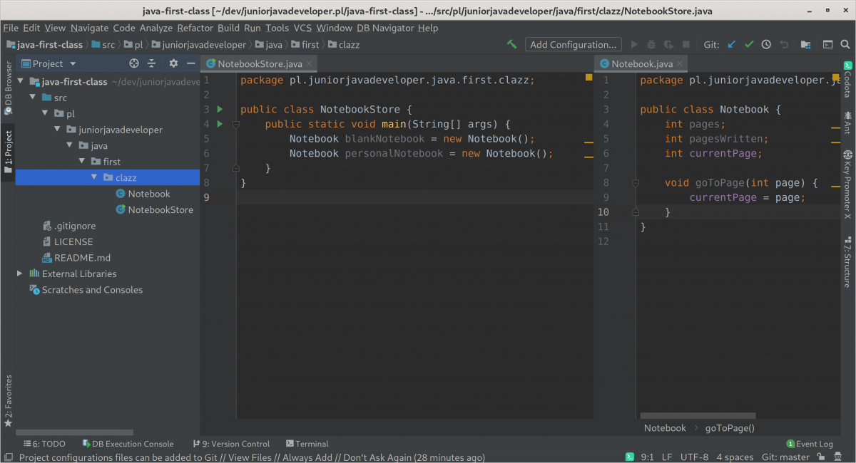 Pierwsza klasa - kod Java, IntelliJ, krok po kroku