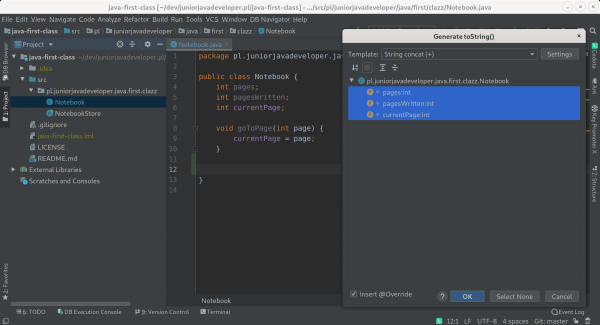 Wartości w pierwszej klasie - generowanie metody toString()