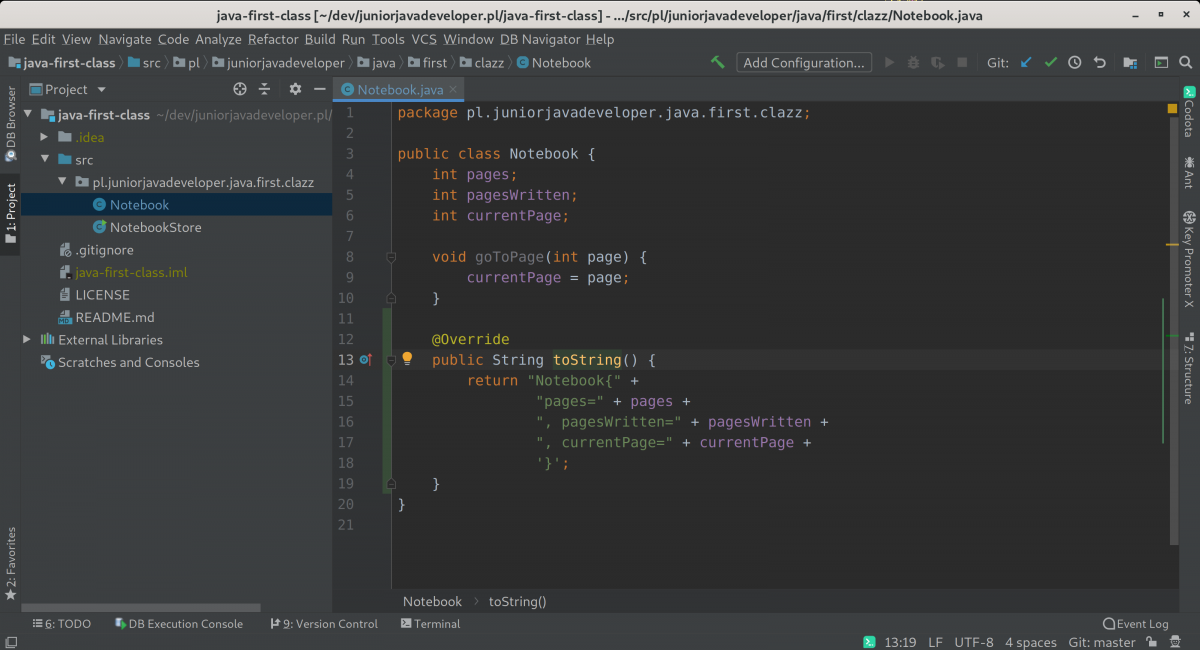 Wartości w pierwszej klasie - wygenerowana metoda toString()