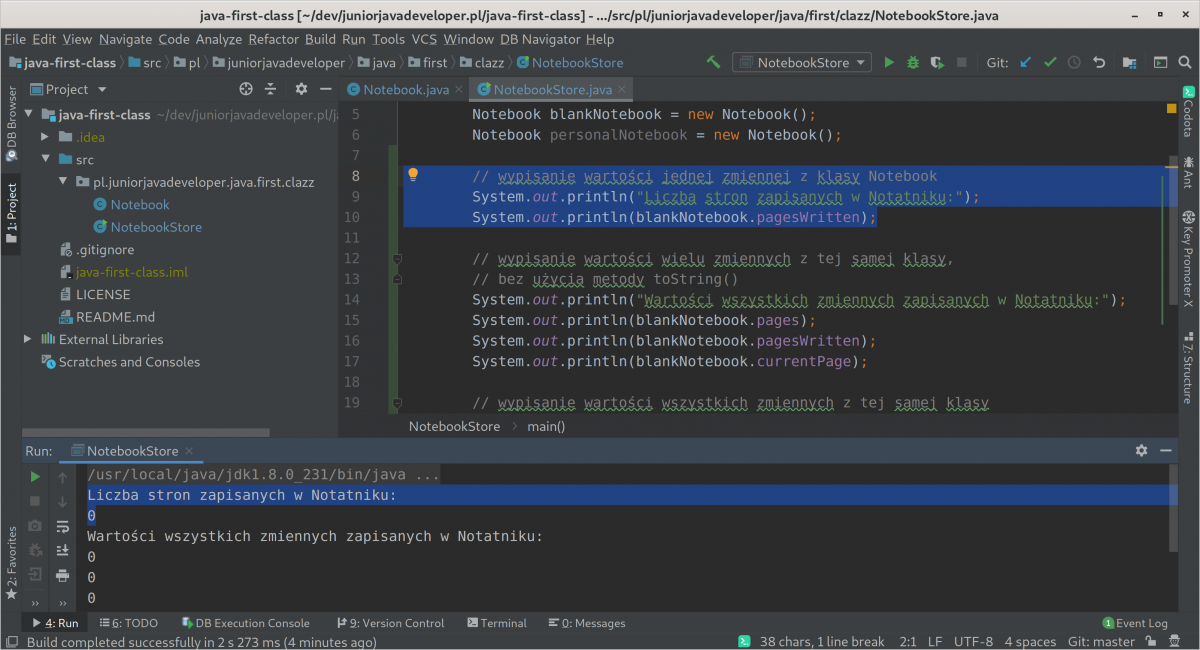 Wartości w pierwszej klasie - jedna zmienna - bez metody toString()
