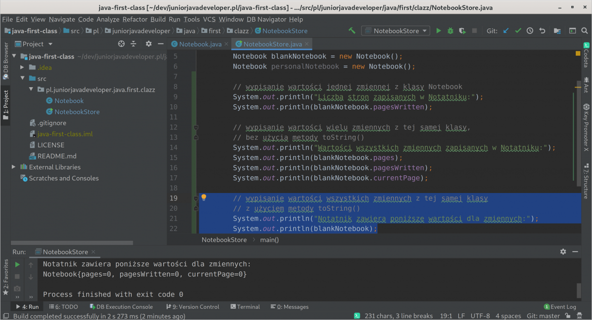 Wartości w pierwszej klasie - wiele zmiennych - z metodą toString()