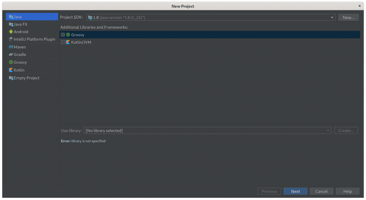 Wyb&oacute;r typu projektu "Java", bez dodatkowych element&oacute;w