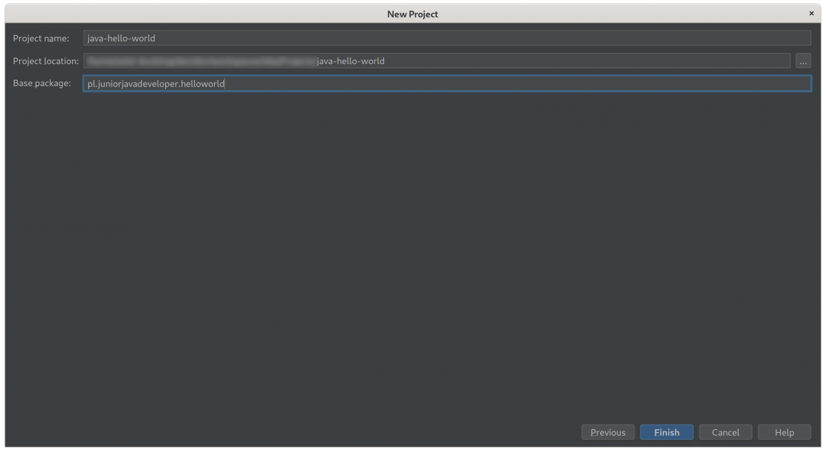 Wpisanie danych projektu: nazwa projektu, lokalizacja, nazwa pakietu